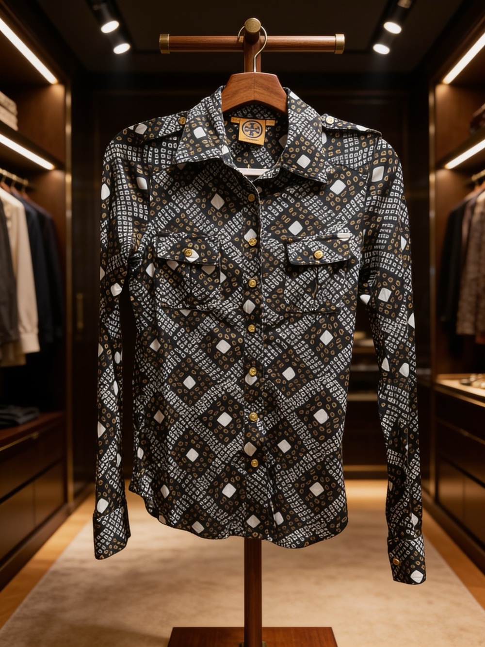 Tory Burch Black Geometric Button-Down Shirt with Gold Buttons
